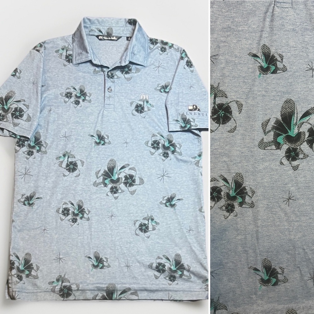 Travis Mathew Denim Blue Golf Polo with Floral Print sz S Silver Tip Resort Logo